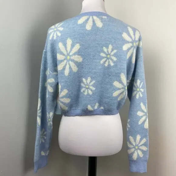 Witty Fox Blue Retro Floral Cropped Knit Sweater Large Daisy - Picture 4 of 7